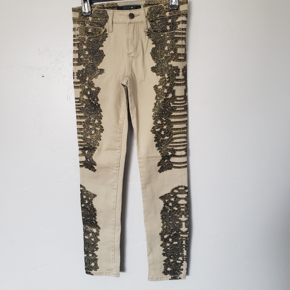 Joe's Jeans 25 Skinny Ankle Jeans Beige Denim Black Gold Glitter Sides Bone Wash